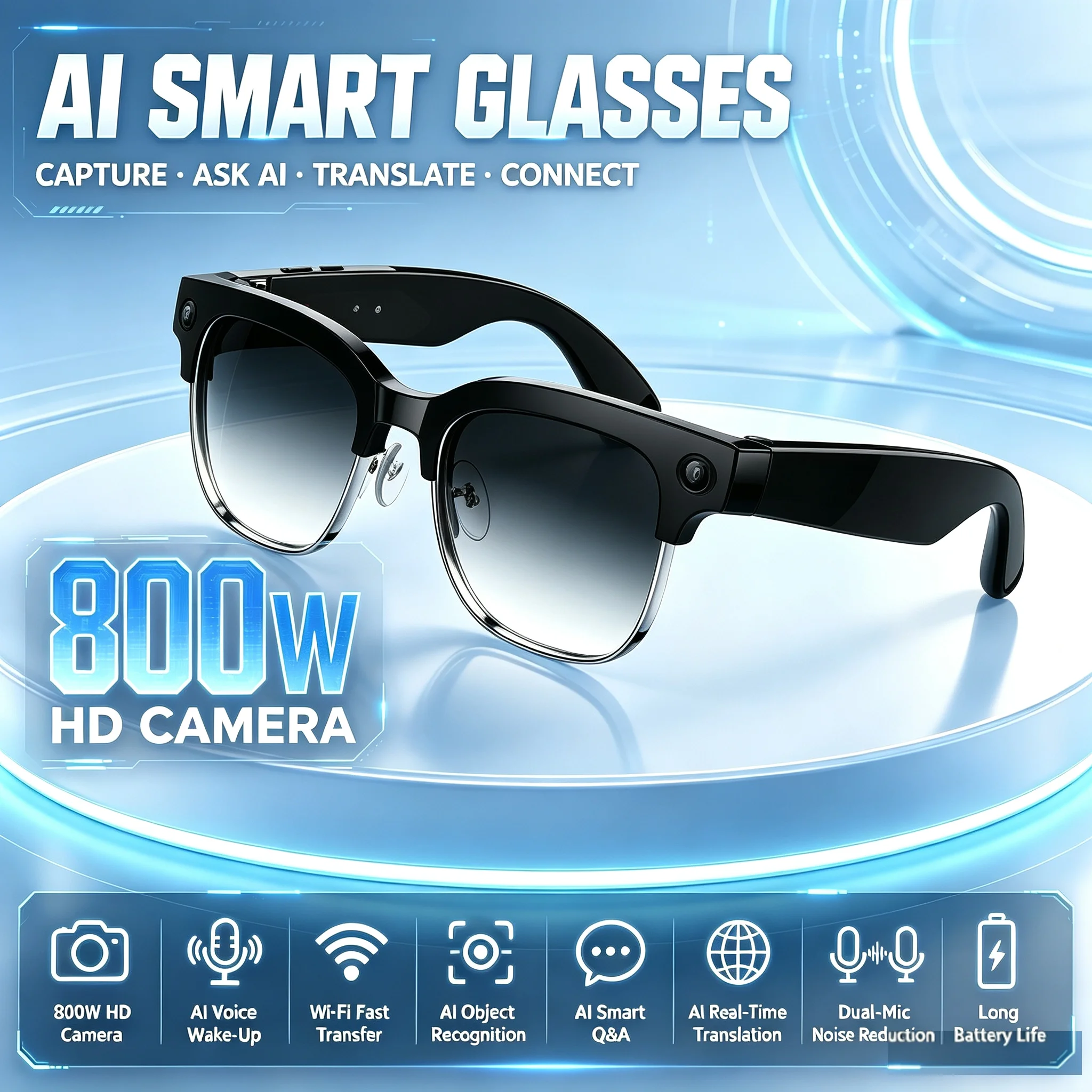 Bltouch - AIスマートグラス：音声起動、Hey Lens、物体認識、タッチコントロール、ハンズフリーオーディオ、ビジネスや日常使用向け、ハーフフレーム